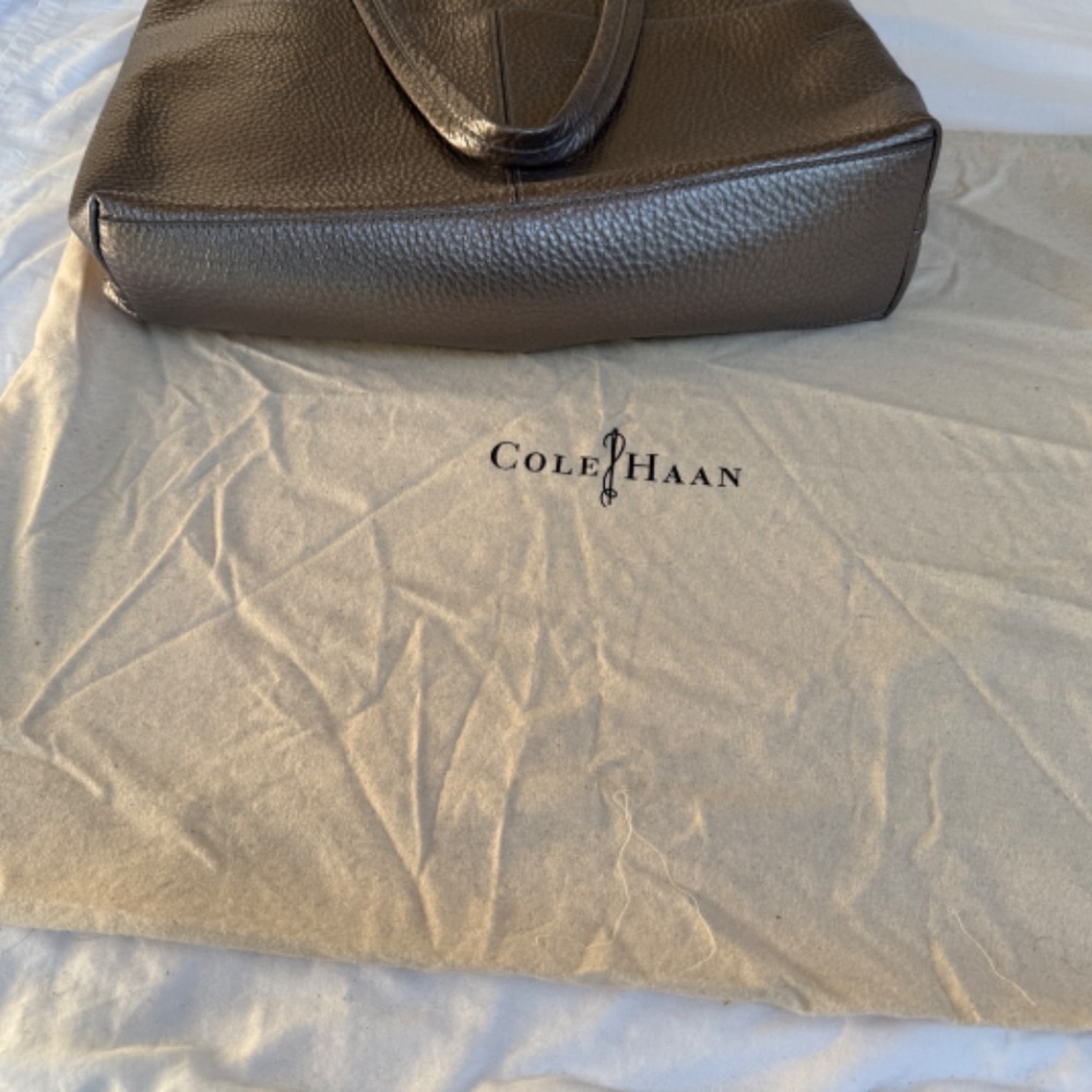 Cole Haan Silver Pewter Pebbled Leather Tote | Original Dust Bag | Teal Lining - Picture 15 of 15